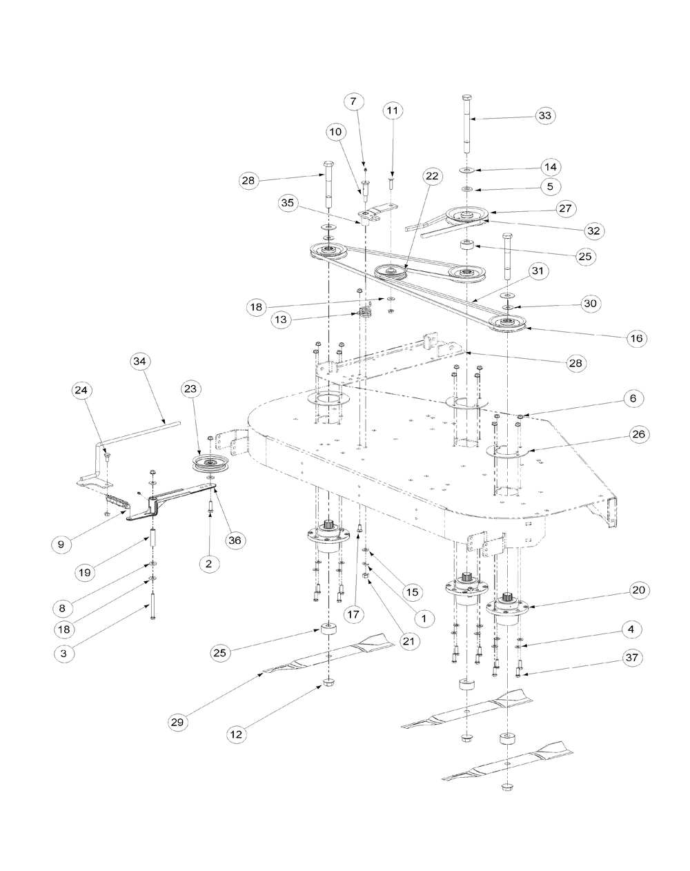 Fabricated Deck Spindle Assembly Diagram and Parts List for M60-KW ROPS-53CH5D8X750-25HP-OHV Cub Cadet Lawn Tractor